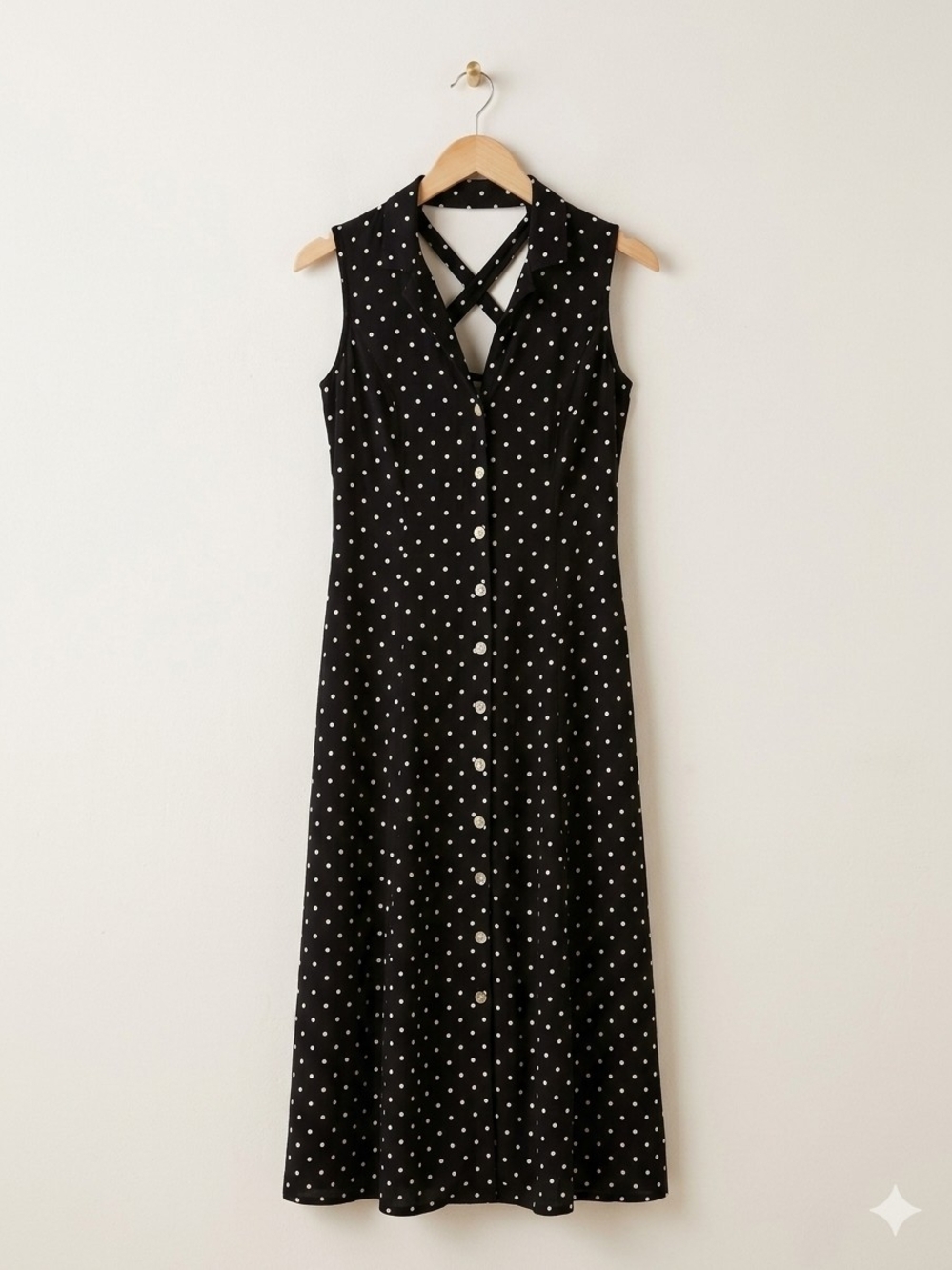 VTG 90s Polka Dot Button Front Maxi Dress Crossback Sleeveless Black White Midi